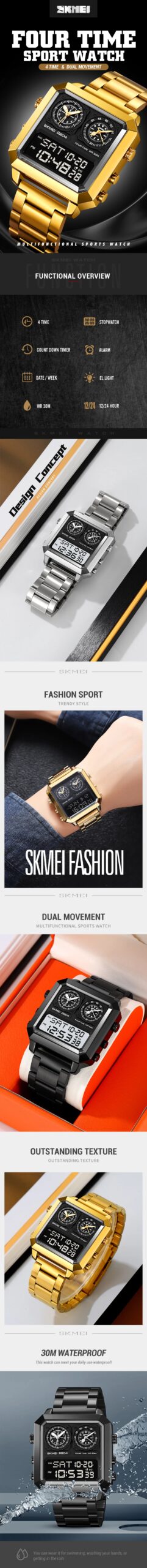 SKMEI Fashion Digital Electronic Watches For Men 3Bar Waterproof Outdoor Sports Stainless Steel Strip Wristwatches Reloj Hombre