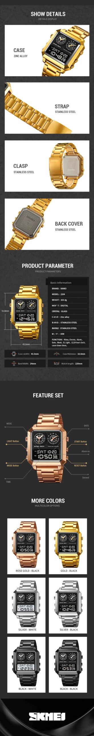 SKMEI Fashion Digital Electronic Watches For Men 3Bar Waterproof Outdoor Sports Stainless Steel Strip Wristwatches Reloj Hombre