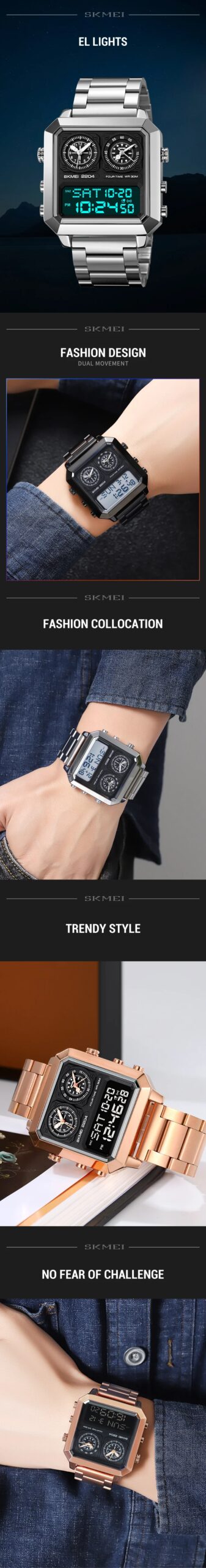 SKMEI Fashion Digital Electronic Watches For Men 3Bar Waterproof Outdoor Sports Stainless Steel Strip Wristwatches Reloj Hombre