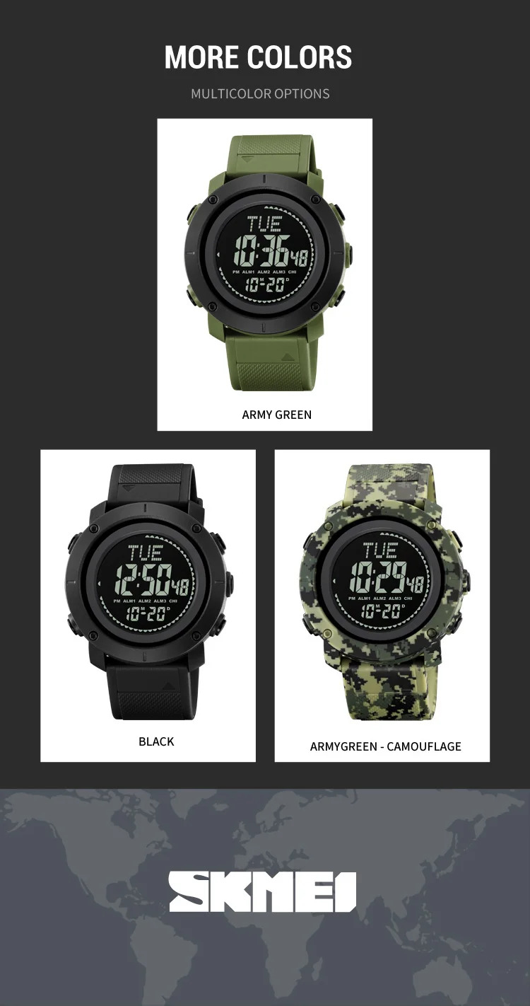 SKMEI 3 Alarm Digital Countdown Outdoor Sport For Men Watch Back Light 5Bar Waterproof Compass Stopwatch Wristwatch Reloj Hombre