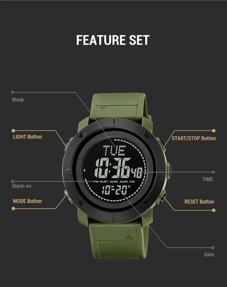 SKMEI 3 Alarm Digital Countdown Outdoor Sport For Men Watch Back Light 5Bar Waterproof Compass Stopwatch Wristwatch Reloj Hombre