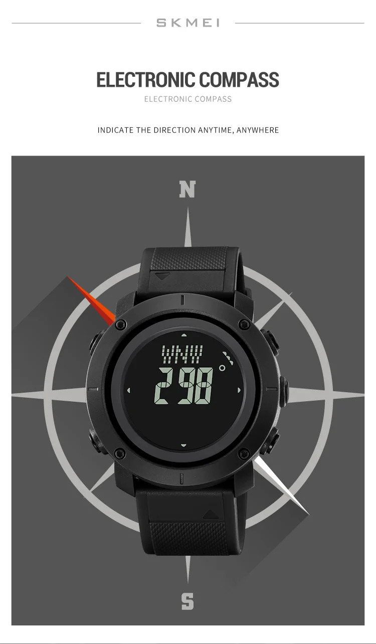 SKMEI 3 Alarm Digital Countdown Outdoor Sport For Men Watch Back Light 5Bar Waterproof Compass Stopwatch Wristwatch Reloj Hombre