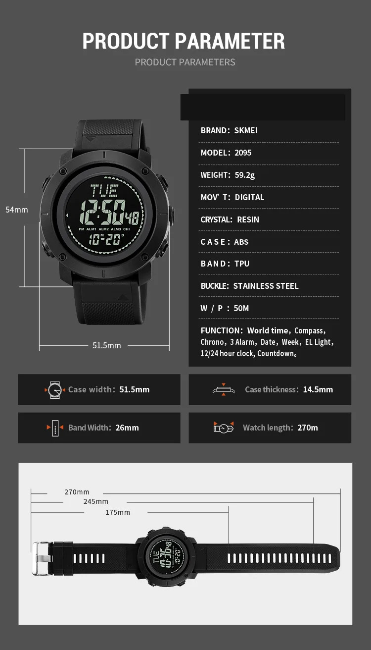 SKMEI 3 Alarm Digital Countdown Outdoor Sport For Men Watch Back Light 5Bar Waterproof Compass Stopwatch Wristwatch Reloj Hombre