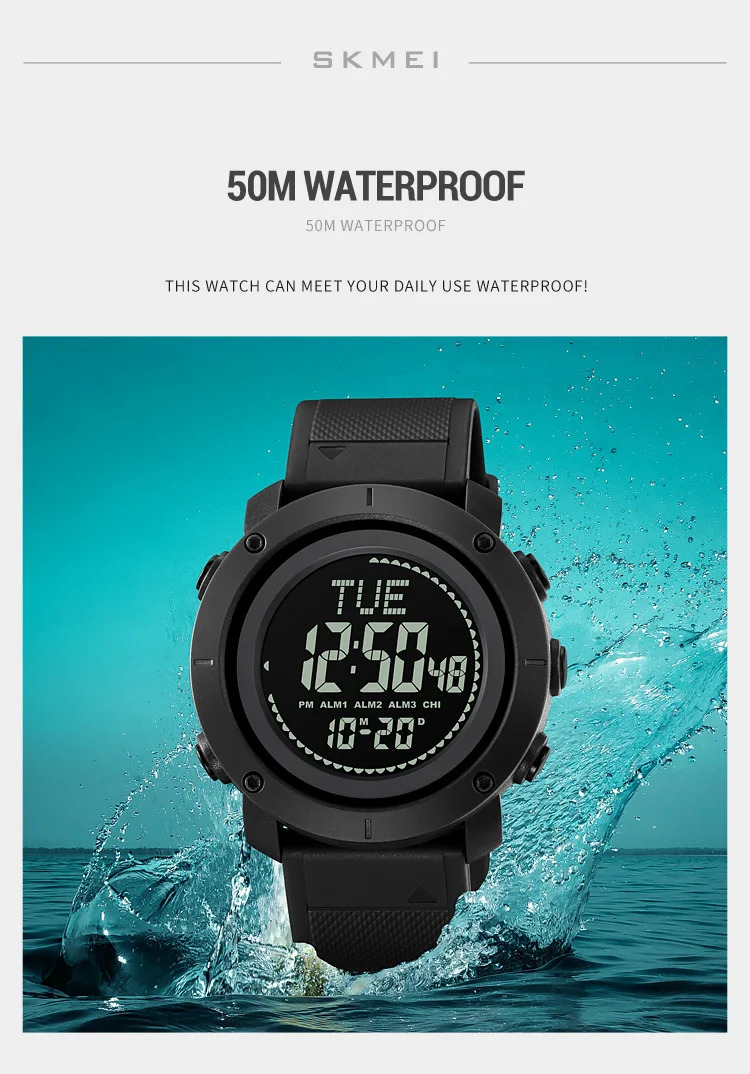 SKMEI 3 Alarm Digital Countdown Outdoor Sport For Men Watch Back Light 5Bar Waterproof Compass Stopwatch Wristwatch Reloj Hombre