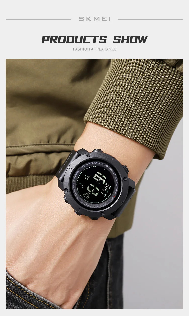 SKMEI 3 Alarm Digital Countdown Outdoor Sport For Men Watch Back Light 5Bar Waterproof Compass Stopwatch Wristwatch Reloj Hombre