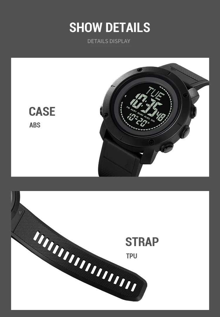 SKMEI 3 Alarm Digital Countdown Outdoor Sport For Men Watch Back Light 5Bar Waterproof Compass Stopwatch Wristwatch Reloj Hombre