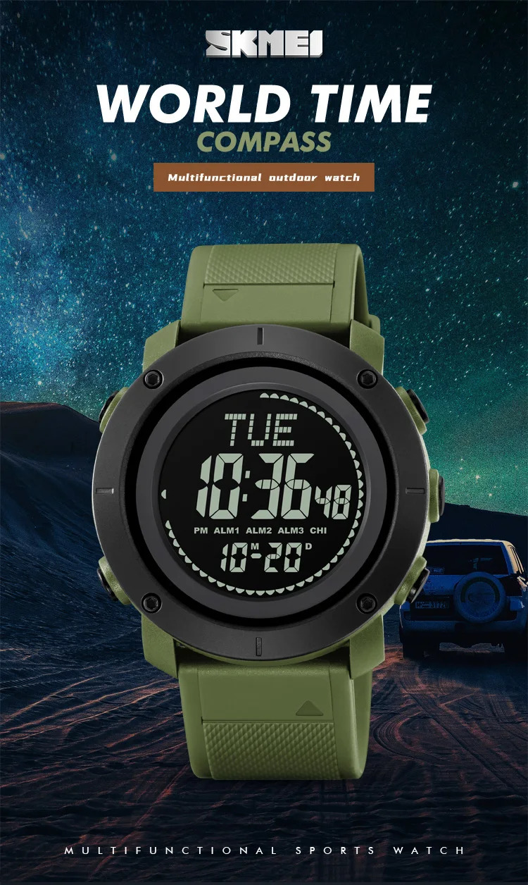 SKMEI 3 Alarm Digital Countdown Outdoor Sport For Men Watch Back Light 5Bar Waterproof Compass Stopwatch Wristwatch Reloj Hombre