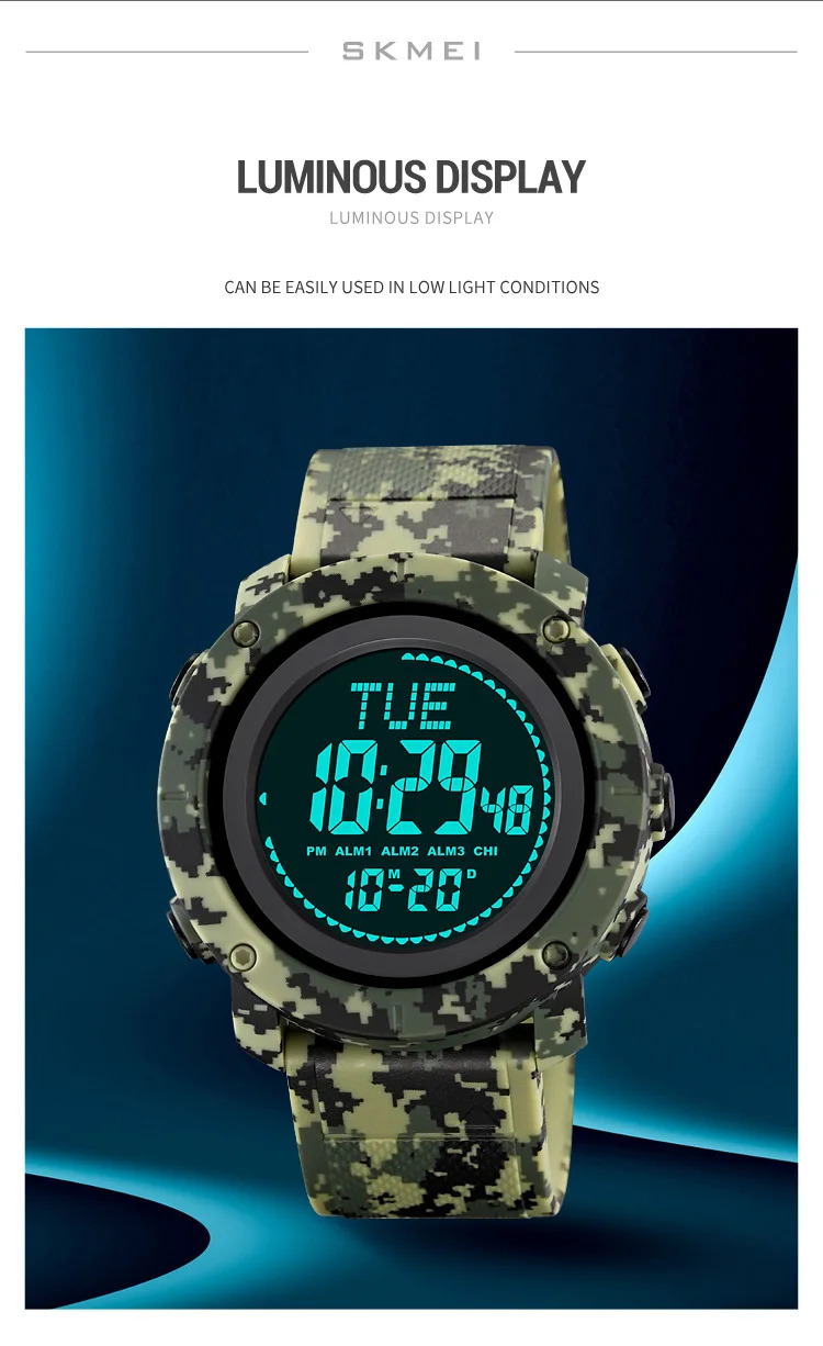 SKMEI 3 Alarm Digital Countdown Outdoor Sport For Men Watch Back Light 5Bar Waterproof Compass Stopwatch Wristwatch Reloj Hombre
