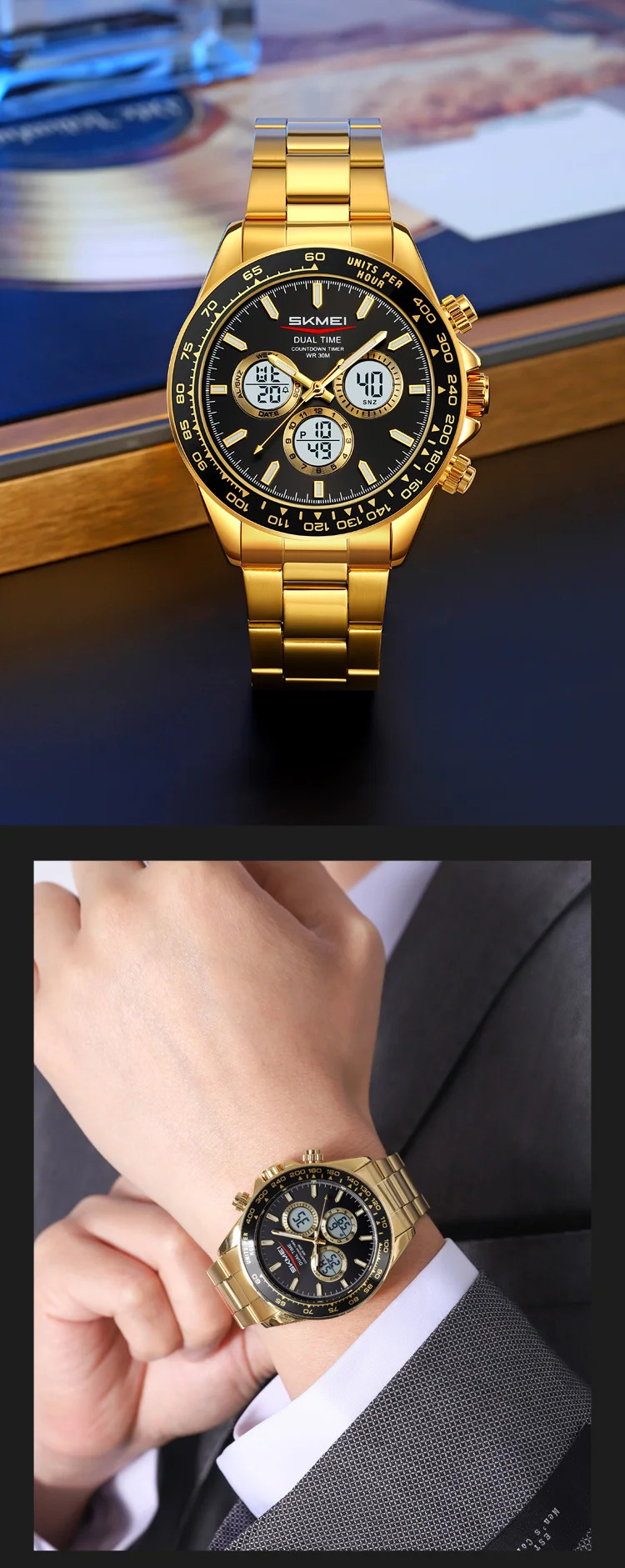 SKMEI Business Double Display LED Light Digital Electronics Watch Fashion Quartz Watch For Men Women Alarm Waterproof Wristwatch