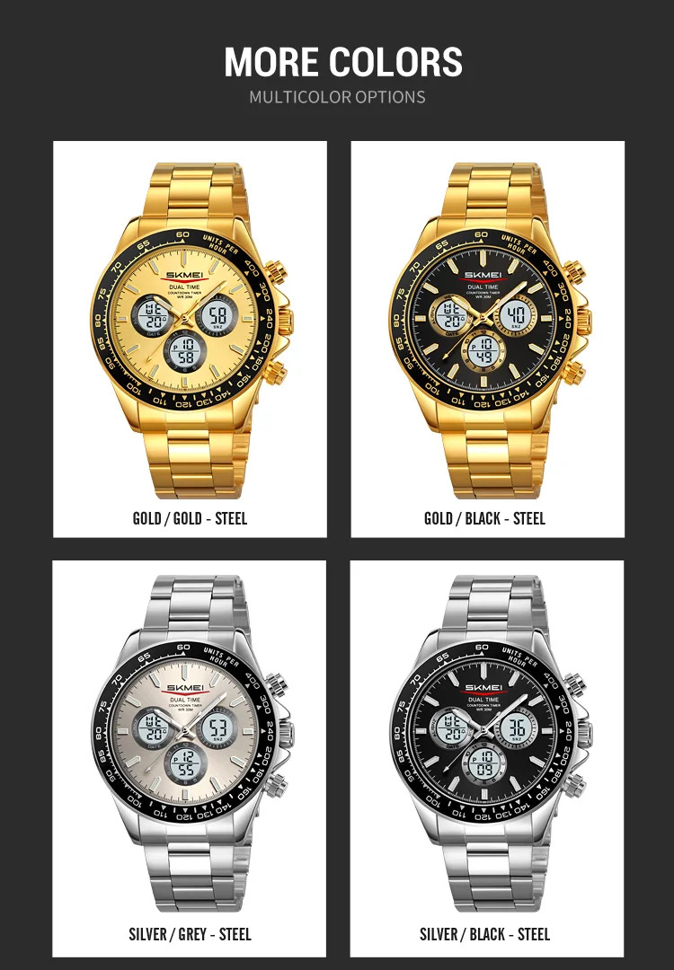 SKMEI Business Double Display LED Light Digital Electronics Watch Fashion Quartz Watch For Men Women Alarm Waterproof Wristwatch