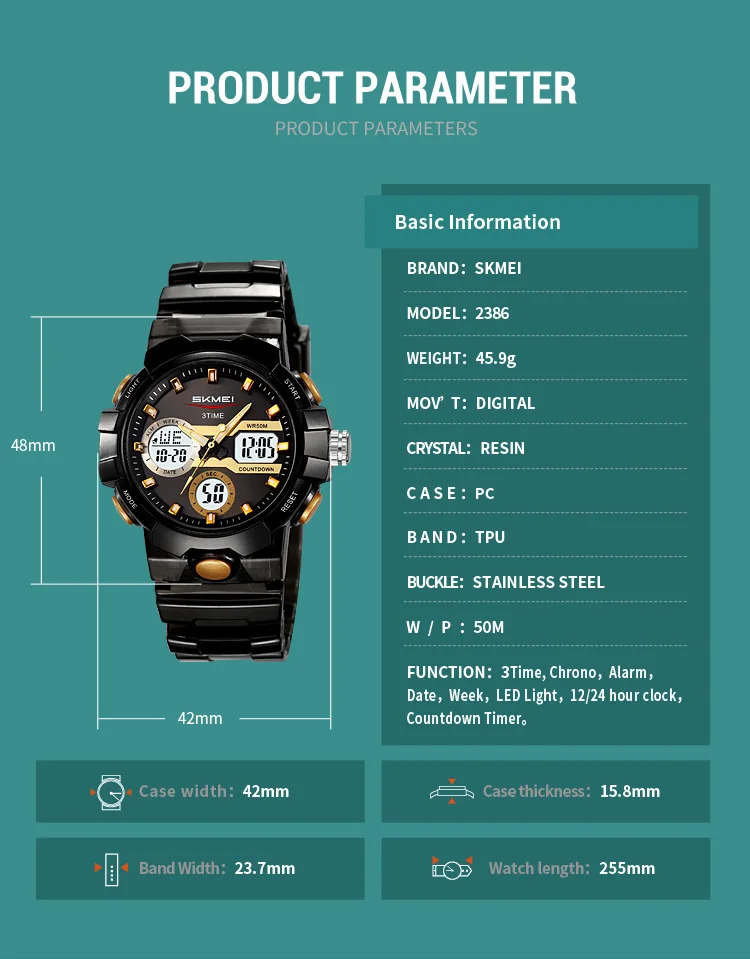 SKMEI 3Time LED Light Fashion Digital Electronics Watch Sports Quartz Watches For Men Waterproof Alarm Wristwatches Reloj Hombre
