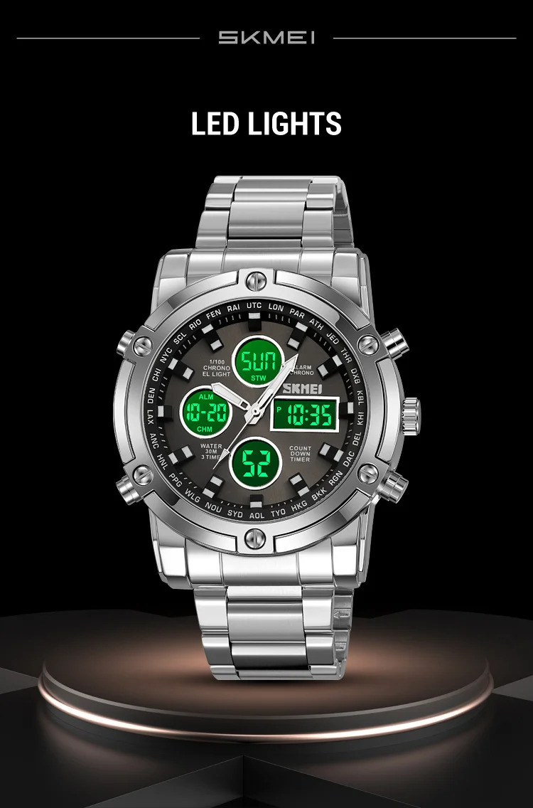 SKMEI 3Time Dual Display Dial Digital Watch Sports LED Light Quartz Watch For Men Women Waterproof Alarm Wristwatch Reloj Hombre