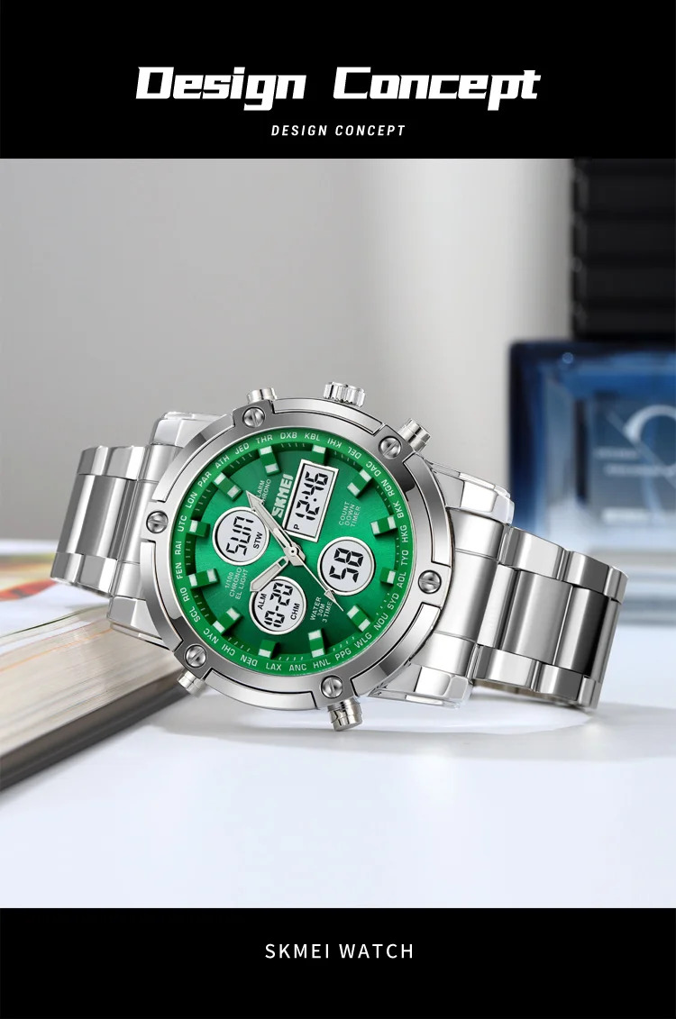 SKMEI 3Time Dual Display Dial Digital Watch Sports LED Light Quartz Watch For Men Women Waterproof Alarm Wristwatch Reloj Hombre