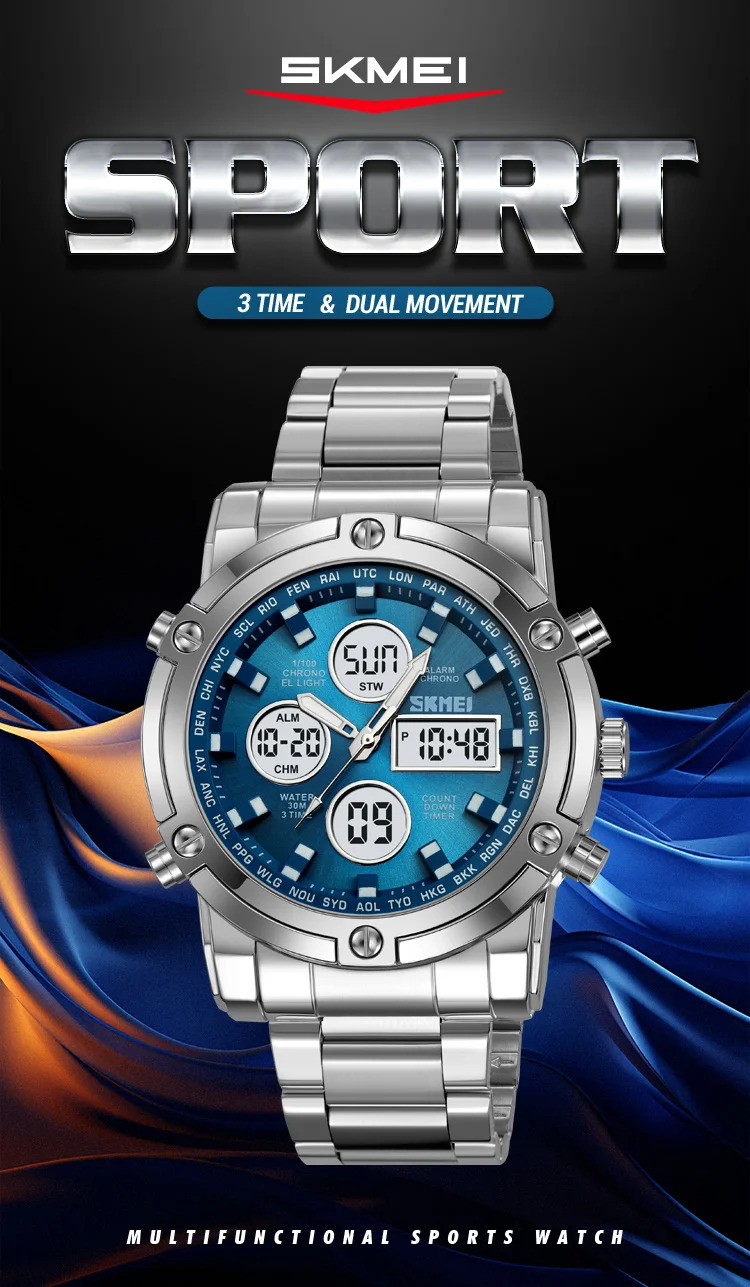 SKMEI 3Time Dual Display Dial Digital Watch Sports LED Light Quartz Watch For Men Women Waterproof Alarm Wristwatch Reloj Hombre
