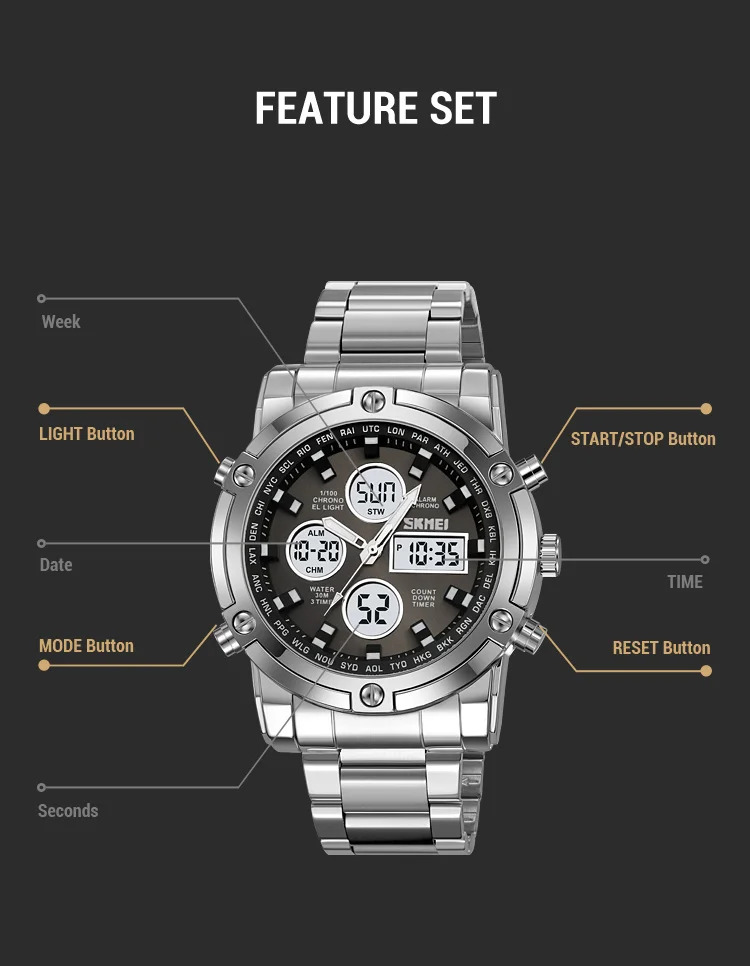 SKMEI 3Time Dual Display Dial Digital Watch Sports LED Light Quartz Watch For Men Women Waterproof Alarm Wristwatch Reloj Hombre