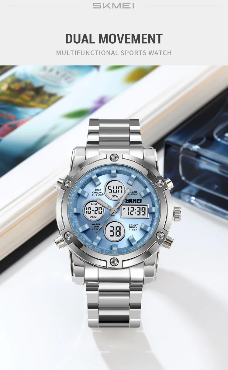 SKMEI 3Time Dual Display Dial Digital Watch Sports LED Light Quartz Watch For Men Women Waterproof Alarm Wristwatch Reloj Hombre