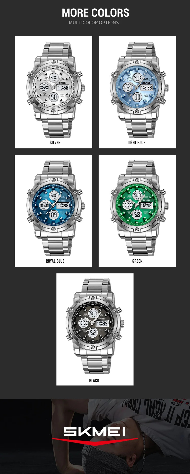 SKMEI 3Time Dual Display Dial Digital Watch Sports LED Light Quartz Watch For Men Women Waterproof Alarm Wristwatch Reloj Hombre