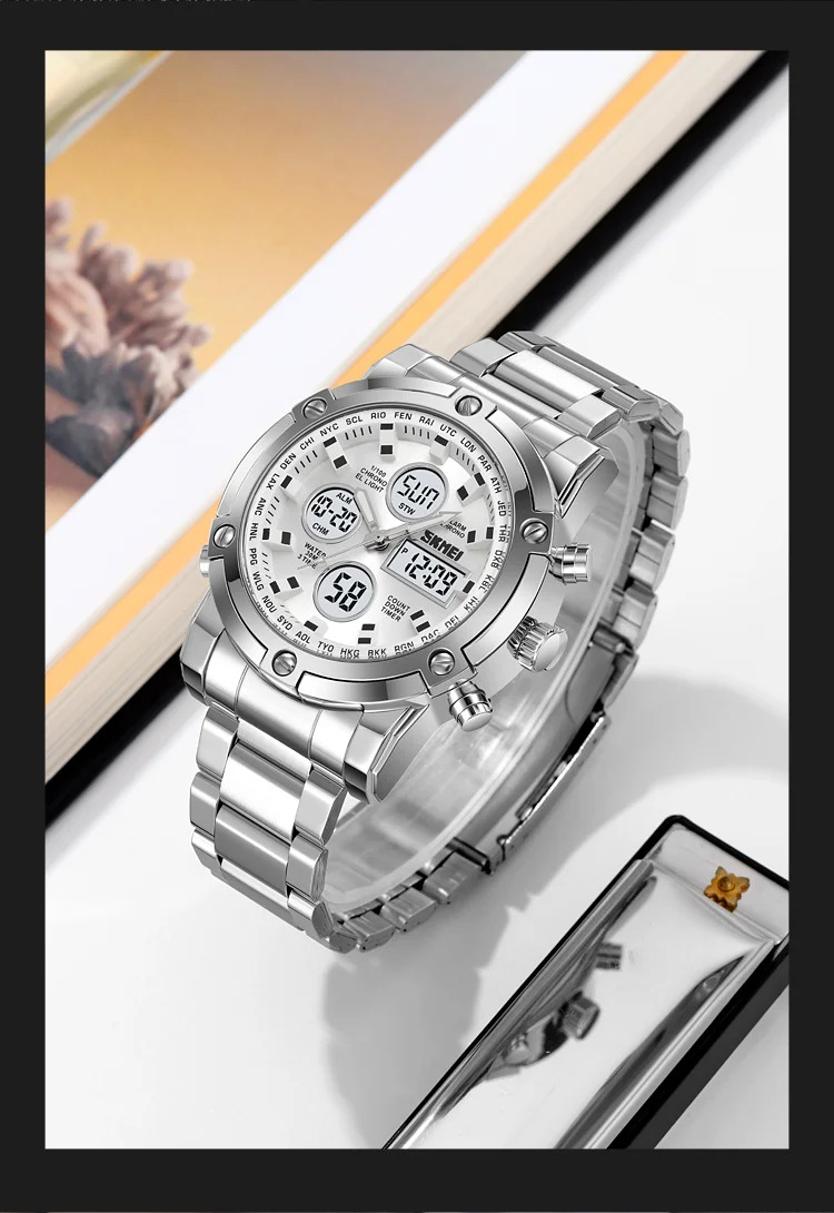 SKMEI 3Time Dual Display Dial Digital Watch Sports LED Light Quartz Watch For Men Women Waterproof Alarm Wristwatch Reloj Hombre