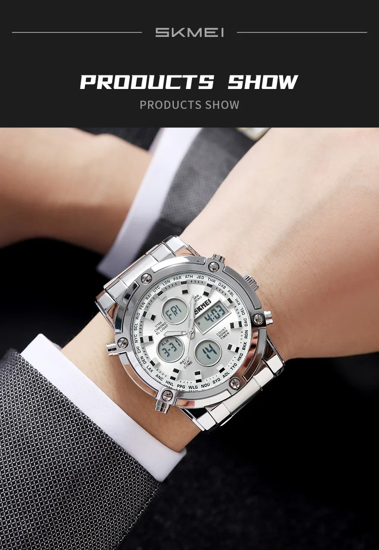SKMEI 3Time Dual Display Dial Digital Watch Sports LED Light Quartz Watch For Men Women Waterproof Alarm Wristwatch Reloj Hombre