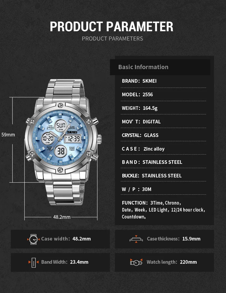 SKMEI 3Time Dual Display Dial Digital Watch Sports LED Light Quartz Watch For Men Women Waterproof Alarm Wristwatch Reloj Hombre