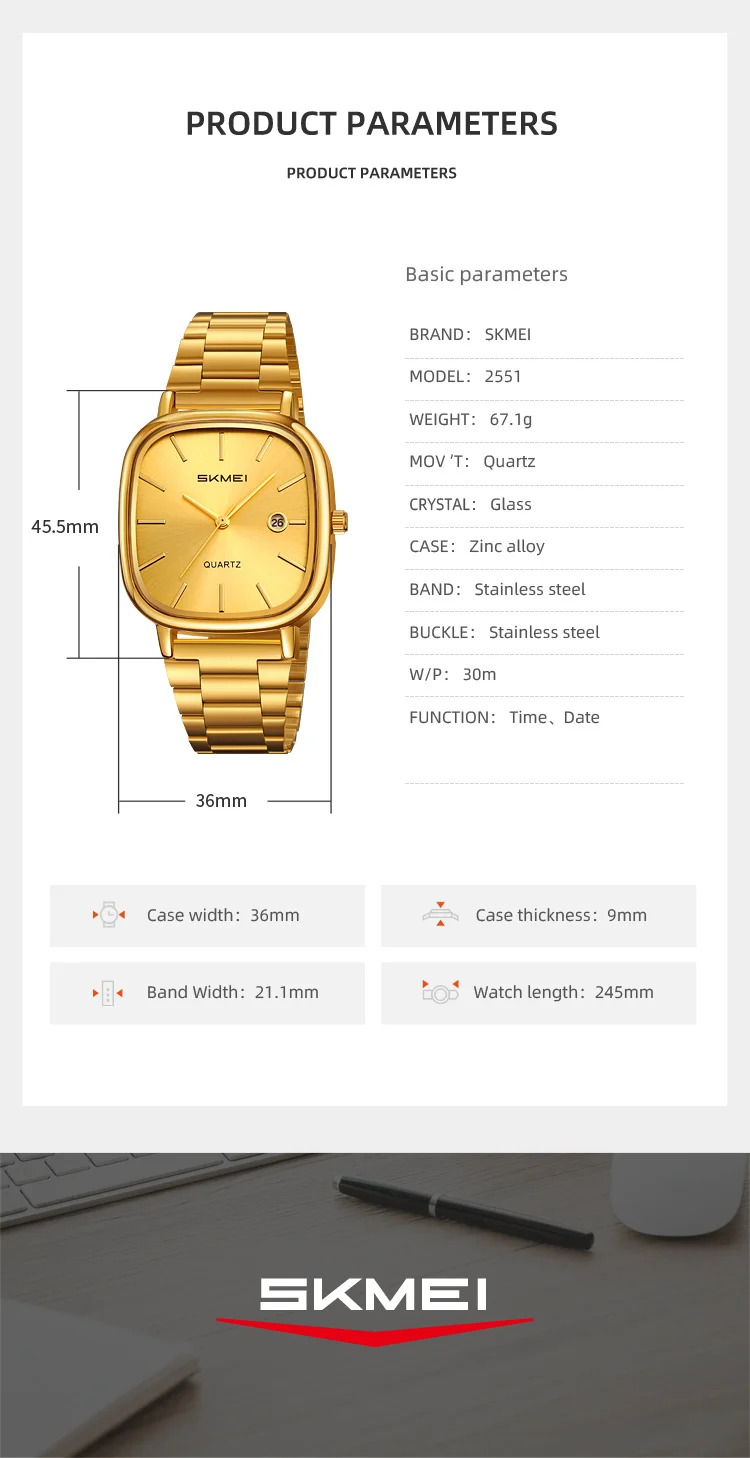 SKMEI Male Business Stainless Steel Strip Watches Fashion Time Date Quartz Watch For Men Women Waterproof Lady Casual Wristwatch