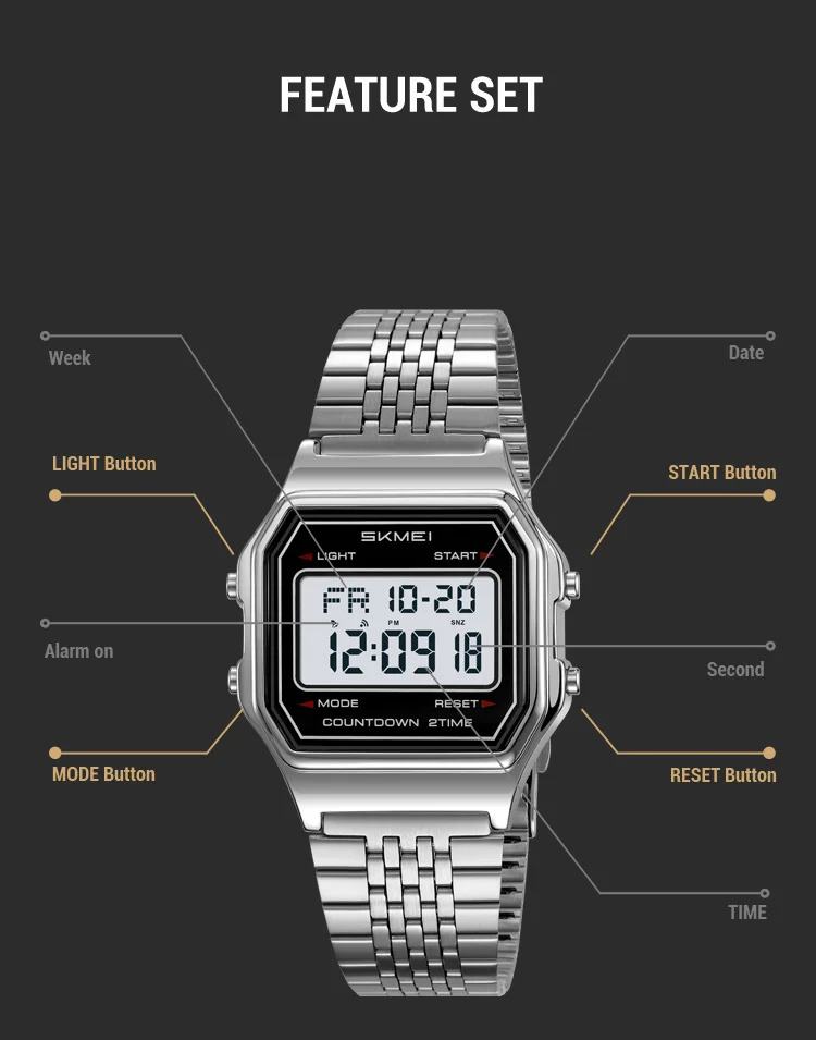 SKMEI Male Business Digital Stainless Steel Strip Watches Fashion Watch For Men Women Waterproof Casual Electronics Wristwatches