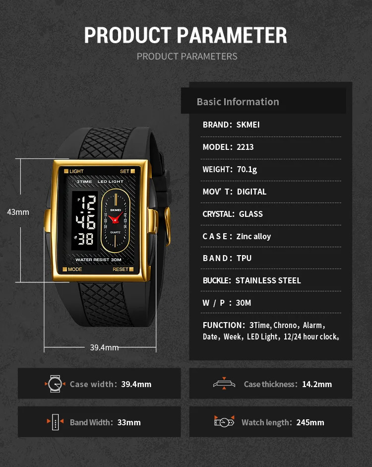 SKMEI Fashion Digital Electronics Watches For Men Women 3Time Business Quartz Watch Waterproof Alarm Wristwatch Horloges Mannen