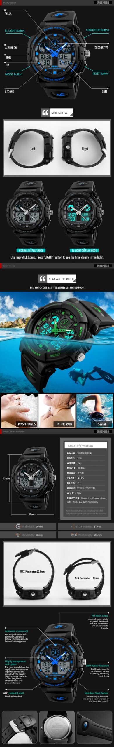 SKMEI Double Time Display Digital Electronic Watches For Men Women Fashion Large Dial Wristwatch Chrono Alarm Watch reloj hombre