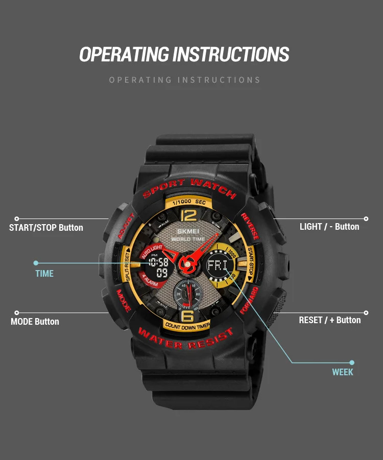 SKMEI Fashion Dual Display Sport Watch Men Casual Chrono 5Bar Waterproof Digital Wristwatches Male Count Down Alarm Reloj Hombre