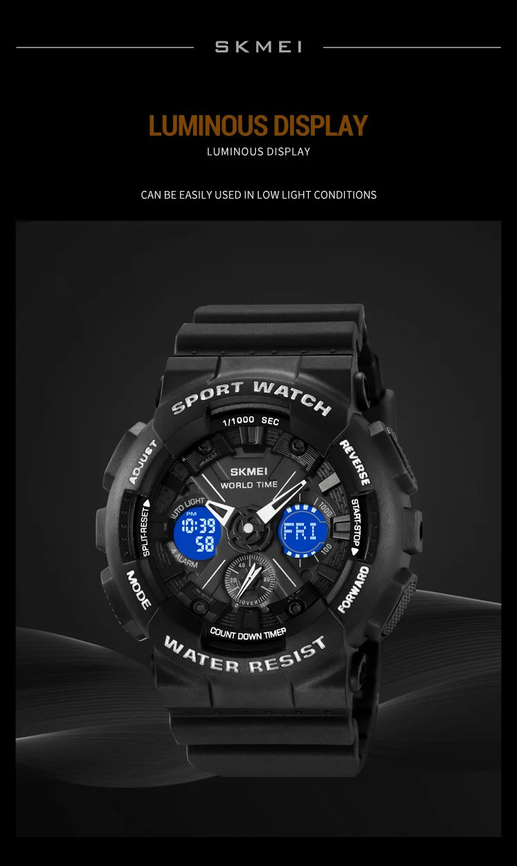 SKMEI Fashion Dual Display Sport Watch Men Casual Chrono 5Bar Waterproof Digital Wristwatches Male Count Down Alarm Reloj Hombre