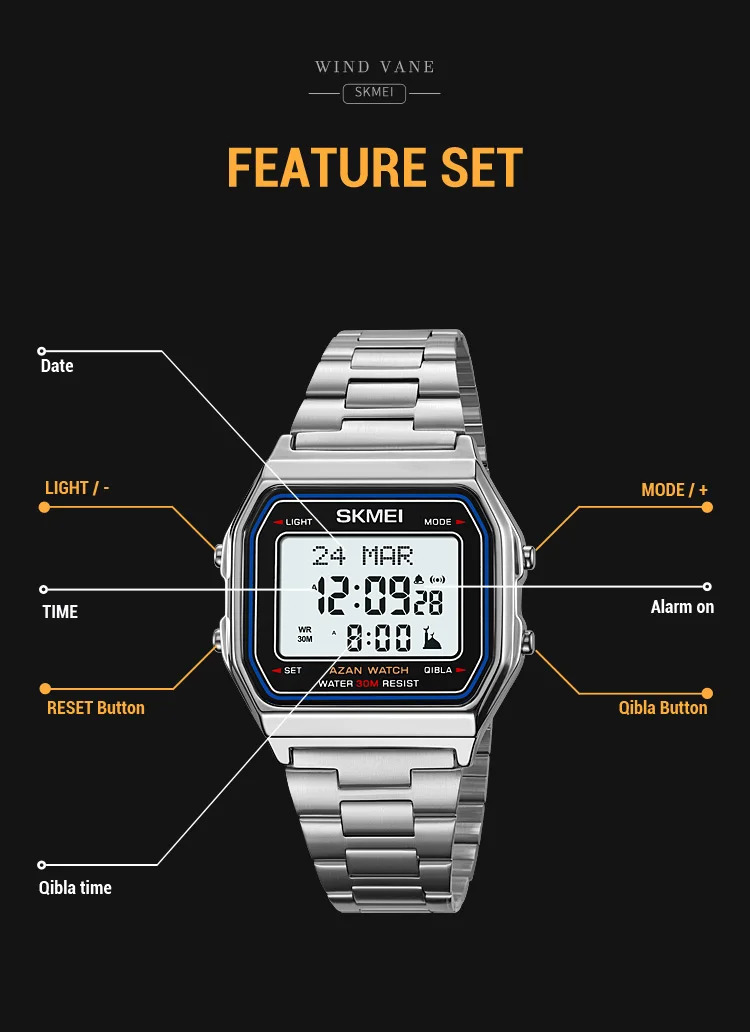 SKMEI Pilgrimage Time Reminder Watches Digital Sports Watches 3Bar Waterproof Wristwatch For Men Women Alarm Watch Reloj Hombre