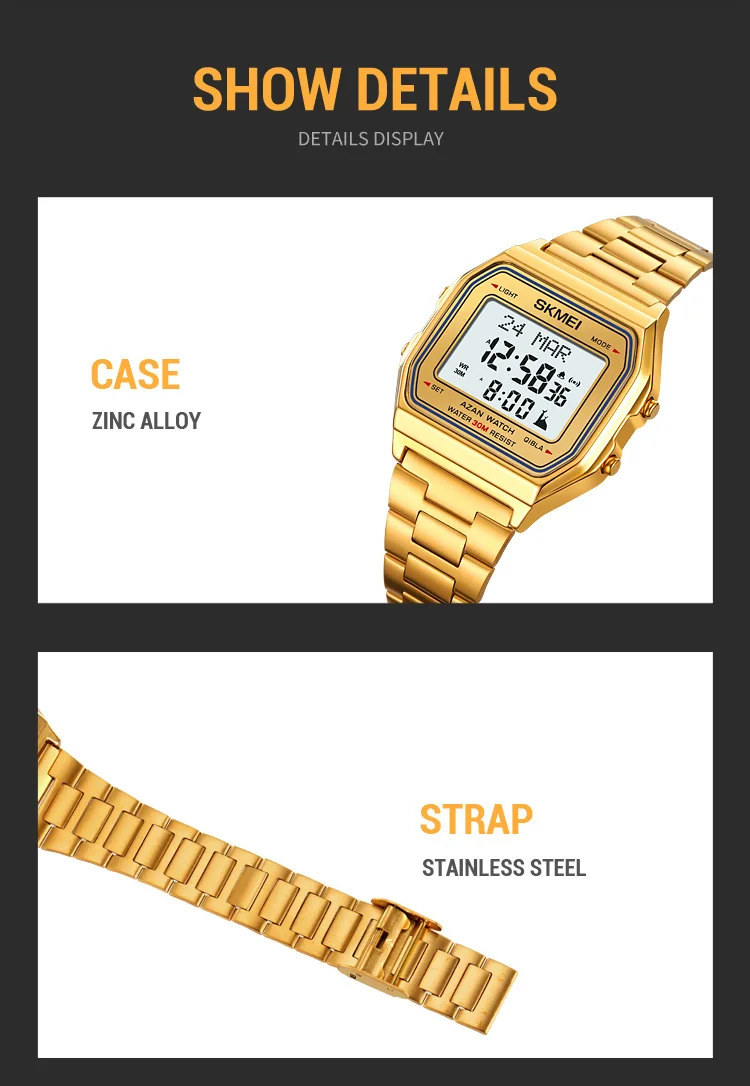 SKMEI Pilgrimage Time Reminder Watches Digital Sports Watches 3Bar Waterproof Wristwatch For Men Women Alarm Watch Reloj Hombre