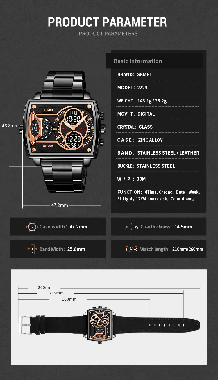 SKMEI Luxury Business Men's Watches Digital Sports Watch 3Bar Waterproof Chrono Dual Display Original Wristwatches Reloj Hombre