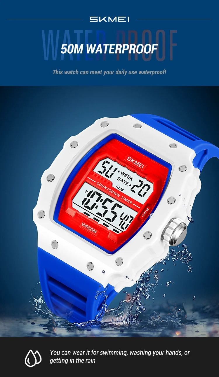 SKMEI Countdown Stopwatch Digital Sports Watches Fashion 5Bar Waterproof Wristwatch For Men Alarm Electronics Watch Reloj Hombre