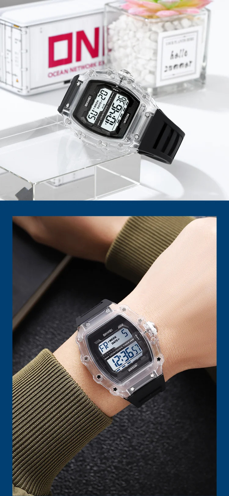 SKMEI Countdown Stopwatch Digital Sports Watches Fashion 5Bar Waterproof Wristwatch For Men Alarm Electronics Watch Reloj Hombre