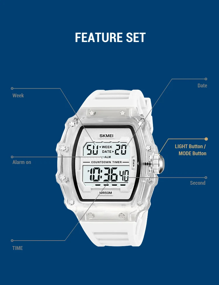 SKMEI Countdown Stopwatch Digital Sports Watches Fashion 5Bar Waterproof Wristwatch For Men Alarm Electronics Watch Reloj Hombre