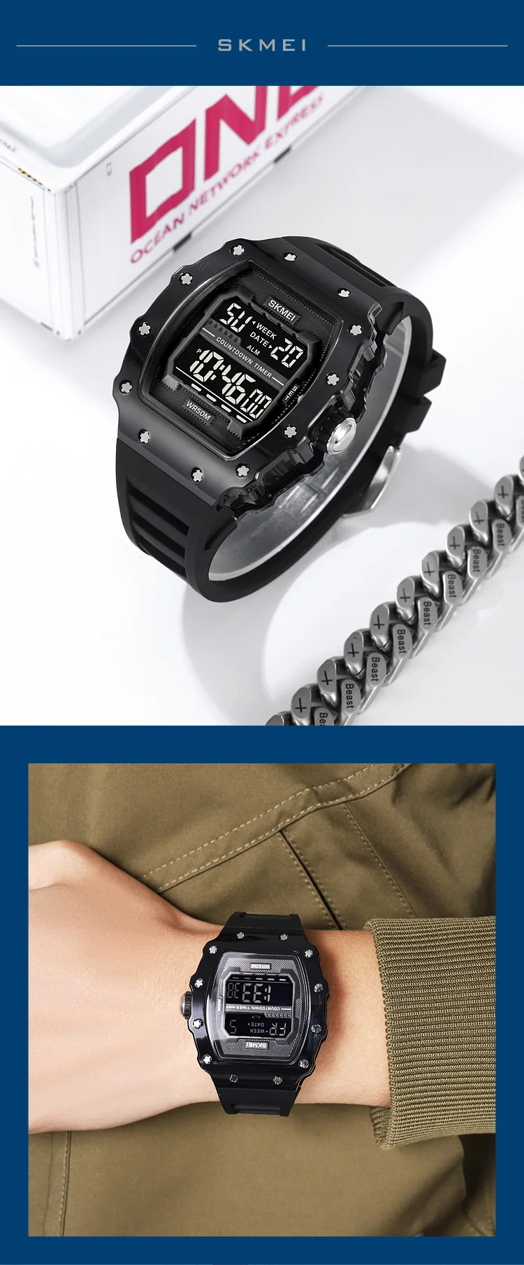 SKMEI Countdown Stopwatch Digital Sports Watches Fashion 5Bar Waterproof Wristwatch For Men Alarm Electronics Watch Reloj Hombre