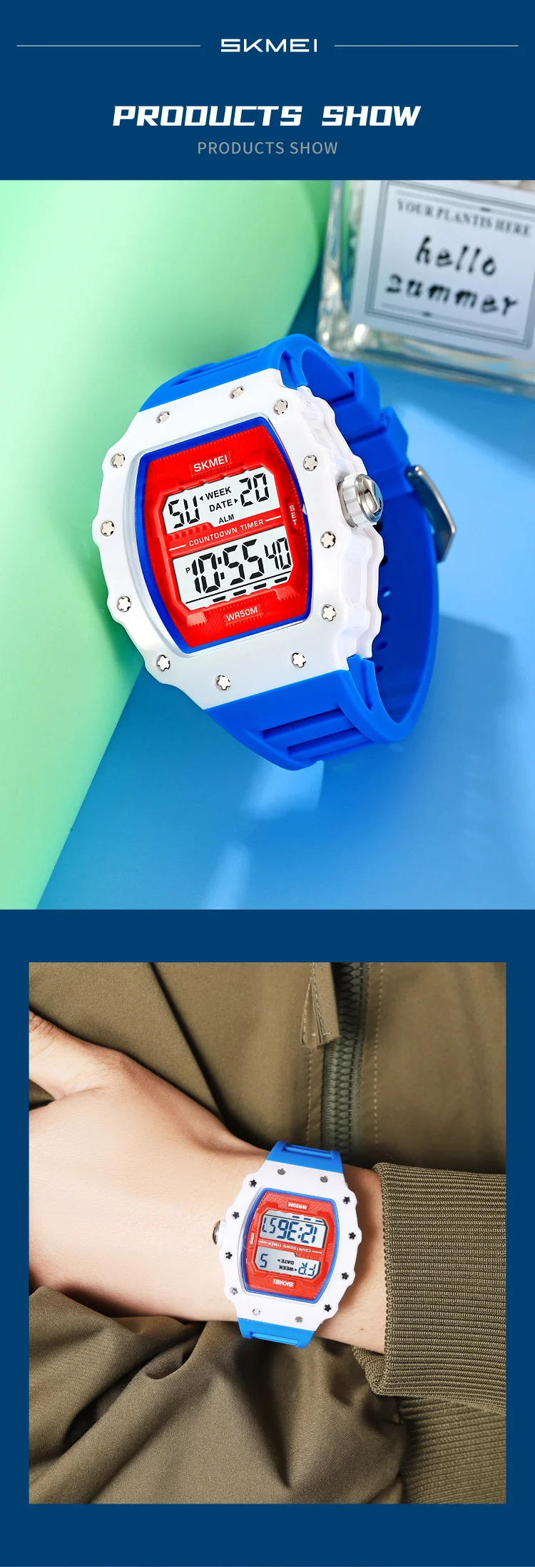 SKMEI Countdown Stopwatch Digital Sports Watches Fashion 5Bar Waterproof Wristwatch For Men Alarm Electronics Watch Reloj Hombre