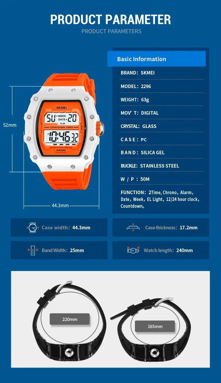 SKMEI Countdown Stopwatch Digital Sports Watches Fashion 5Bar Waterproof Wristwatch For Men Alarm Electronics Watch Reloj Hombre