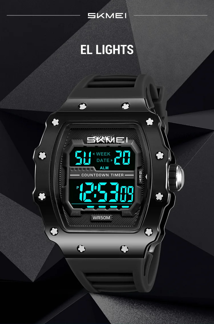 SKMEI Countdown Stopwatch Digital Sports Watches Fashion 5Bar Waterproof Wristwatch For Men Alarm Electronics Watch Reloj Hombre