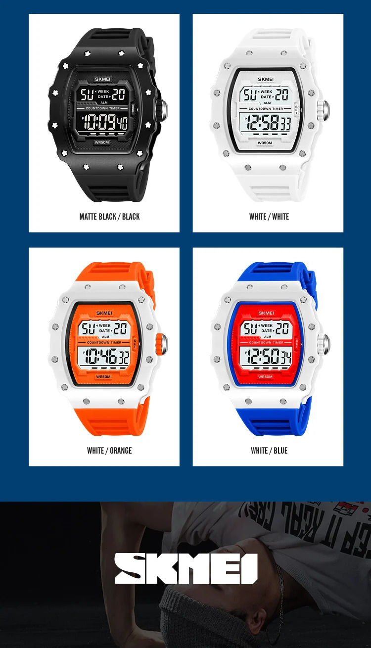 SKMEI Countdown Stopwatch Digital Sports Watches Fashion 5Bar Waterproof Wristwatch For Men Alarm Electronics Watch Reloj Hombre