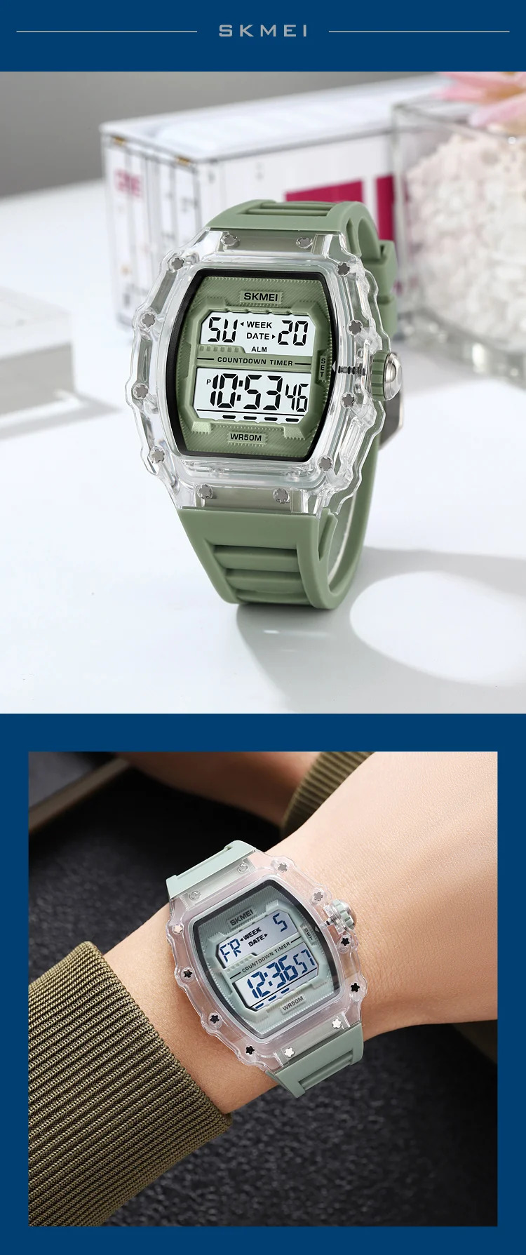 SKMEI Countdown Stopwatch Digital Sports Watches Fashion 5Bar Waterproof Wristwatch For Men Alarm Electronics Watch Reloj Hombre