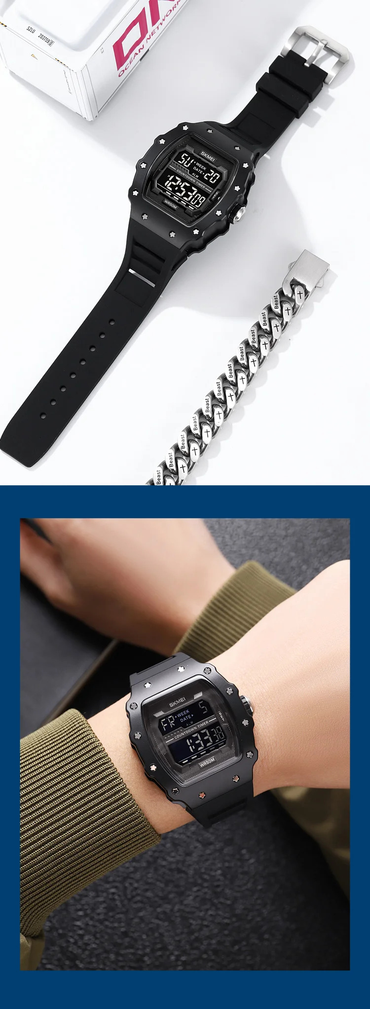SKMEI Countdown Stopwatch Digital Sports Watches Fashion 5Bar Waterproof Wristwatch For Men Alarm Electronics Watch Reloj Hombre
