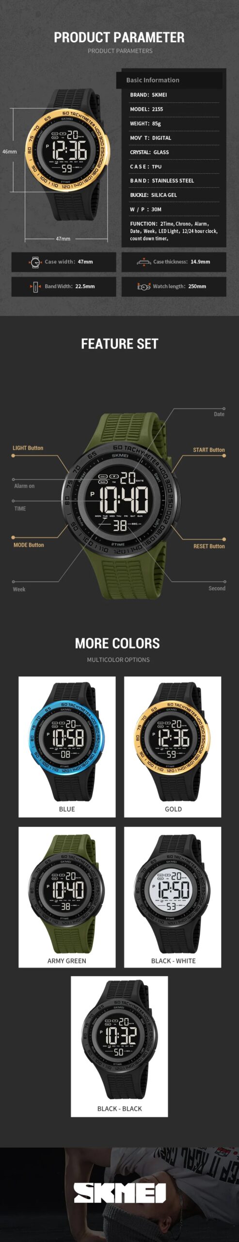 SKMEI Casual 3Bar Waterproof Digital Wristwatches Outdoor Sports Electronics Watch For Men Women Military Watches Reloj Hombre