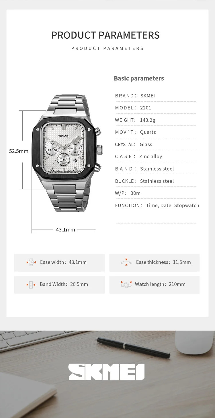 SKMEI Fashion Quartz Movement Watch For Men Women Stainless Steel Strap Stopwatch Waterproof Time Date Wristwatch Reloj Hombre