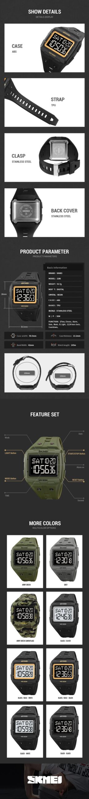 SKMEI Multifunctional Countdown Sport Alarm Watches For Men Women Fashion 50M Waterproof Back Light Stopwatch Digital Wristwatch