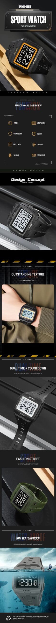SKMEI Multifunctional Countdown Sport Alarm Watches For Men Women Fashion 50M Waterproof Back Light Stopwatch Digital Wristwatch