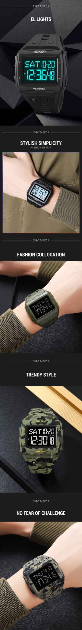 SKMEI Multifunctional Countdown Sport Alarm Watches For Men Women Fashion 50M Waterproof Back Light Stopwatch Digital Wristwatch