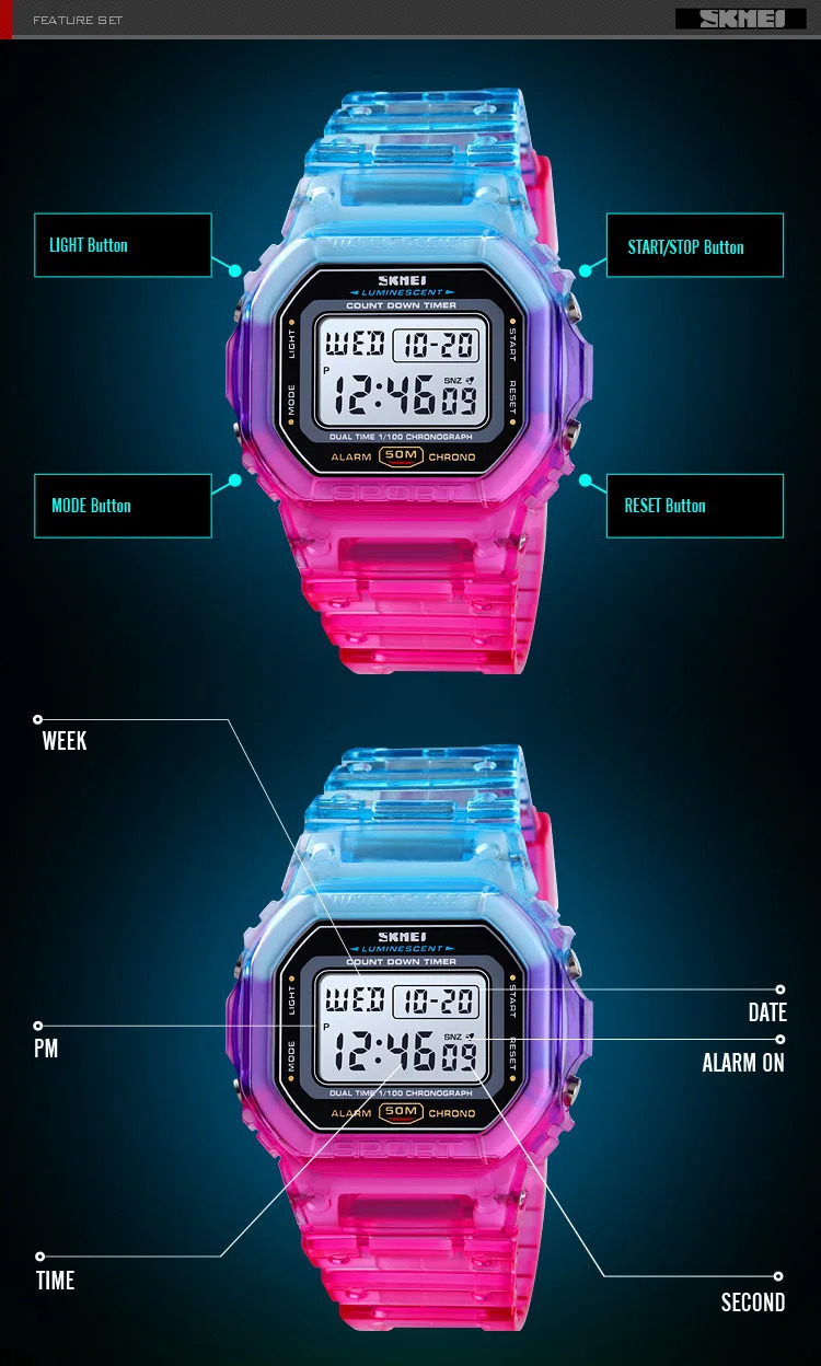 SKMEI Lady Alarm Clock Digital Wristwatches Fashion Cool Girls Watches Shockproof Chrono Electronics Watch For Women reloj mujer