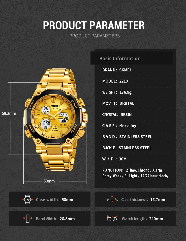 SKMEI Dual Display Electronic Watch Sport Fashion Alarm Watches For Men Chrono Casual Waterproof Digital Wristwatch Reloj Hombre
